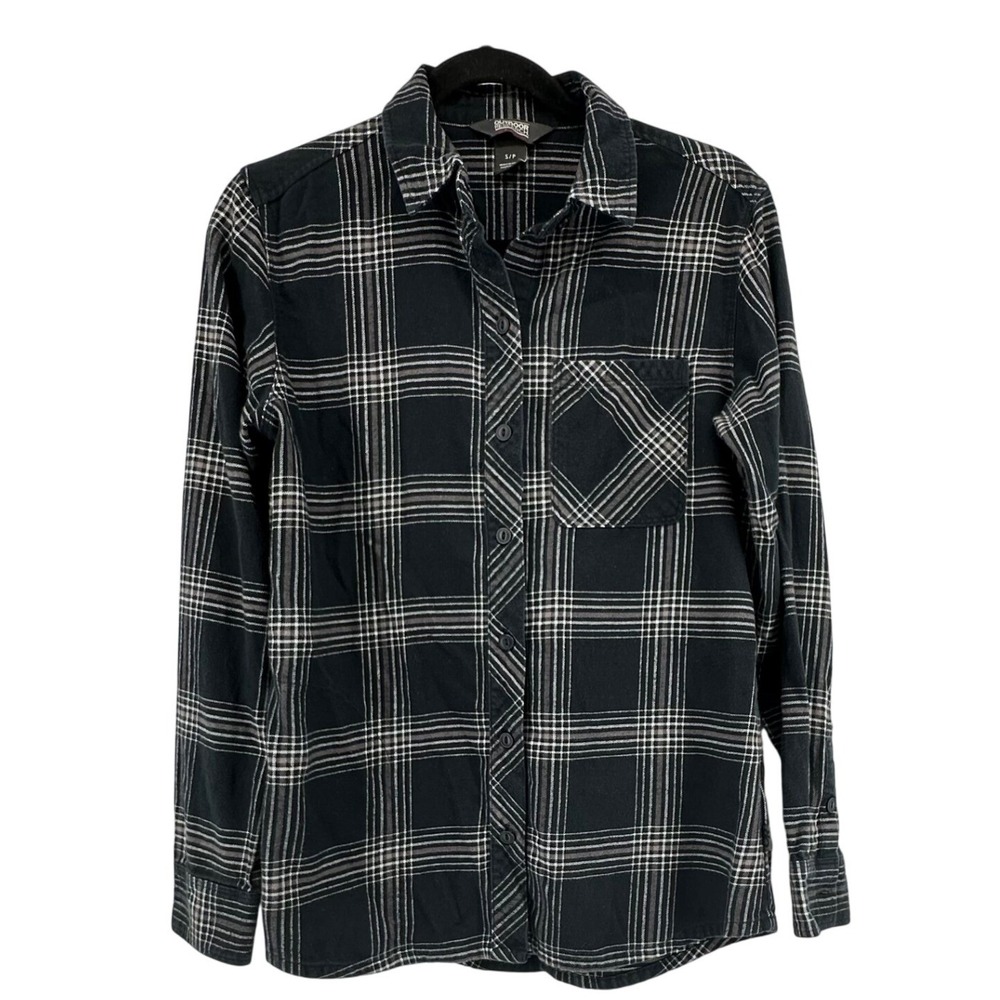 Outdoor Research Plaid Flannel Button Up Shirt Womens Small Black White Layering
